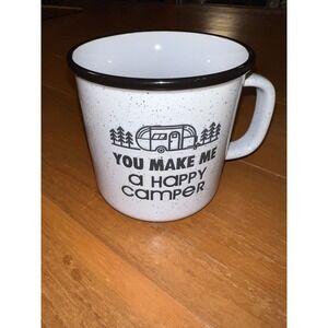 Member's Mark Happy Camper Coffee Mug White Speckled Ceramic Campfire Style Mug